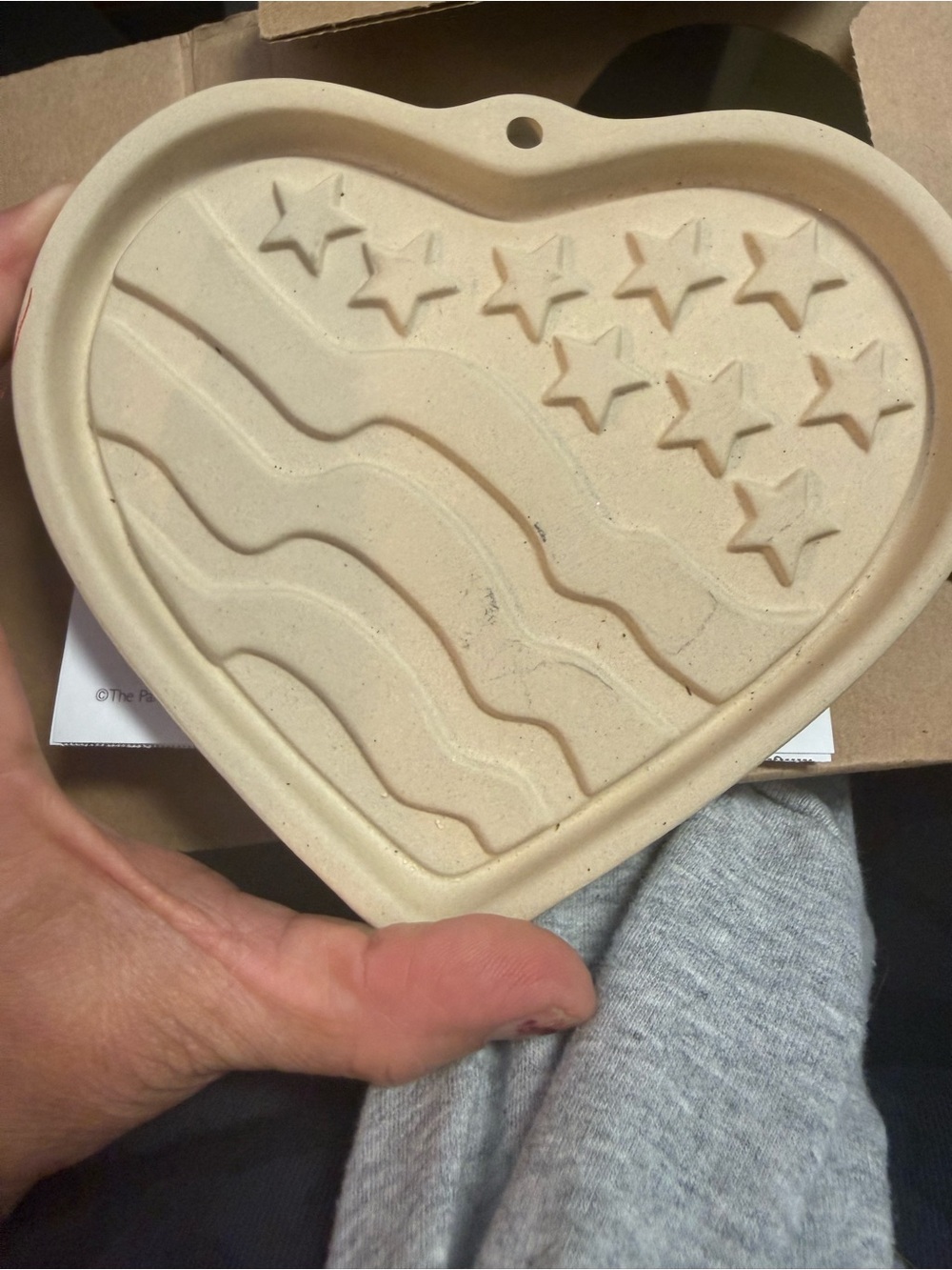 Pampered Chef Heart-Shaped Stoneware Trivet in Beige with Star & Wave Design